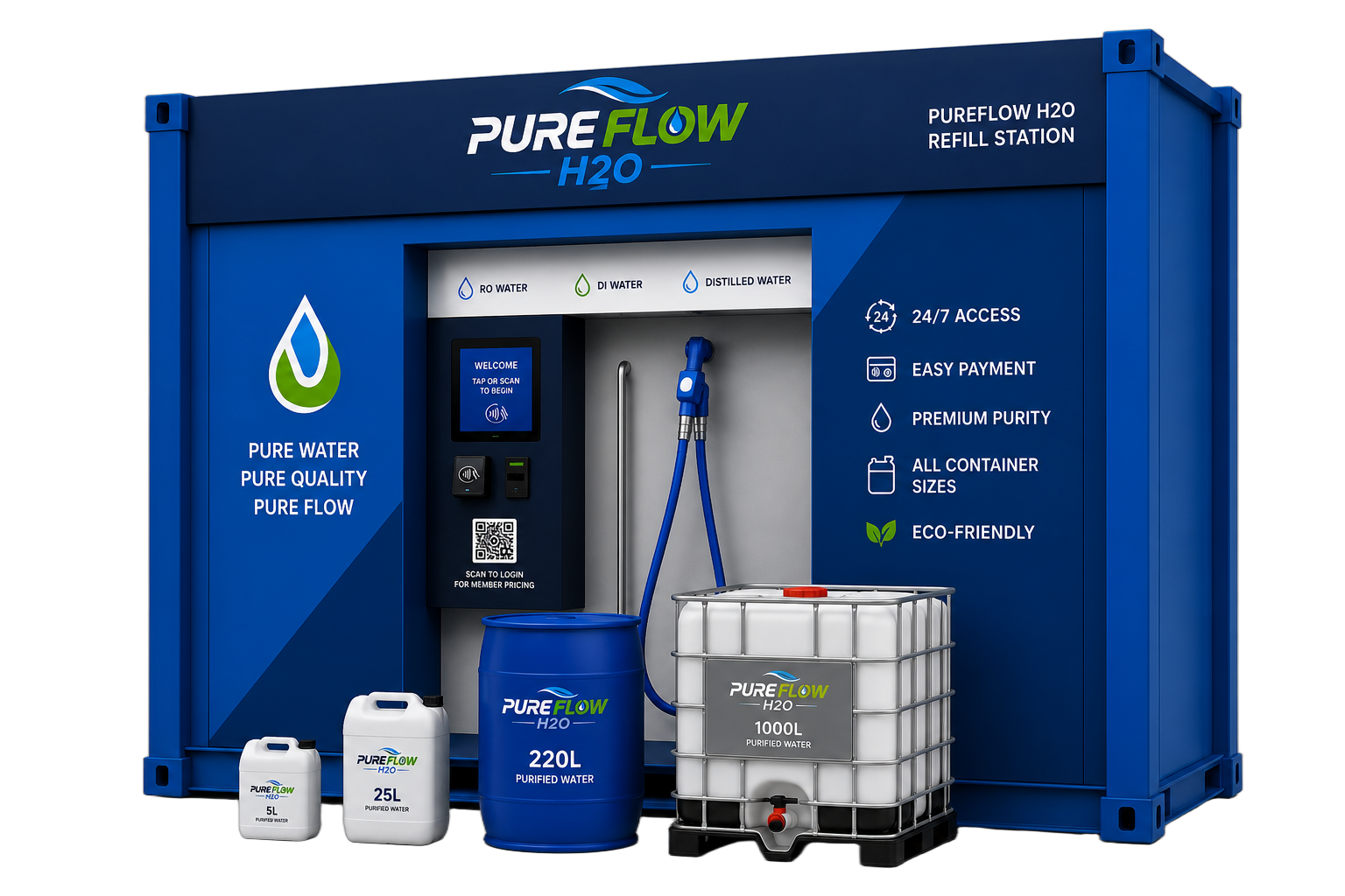 PureFlow H2O self-service purified water refill station concept with 5L, 25L, 220L and 1000L container options